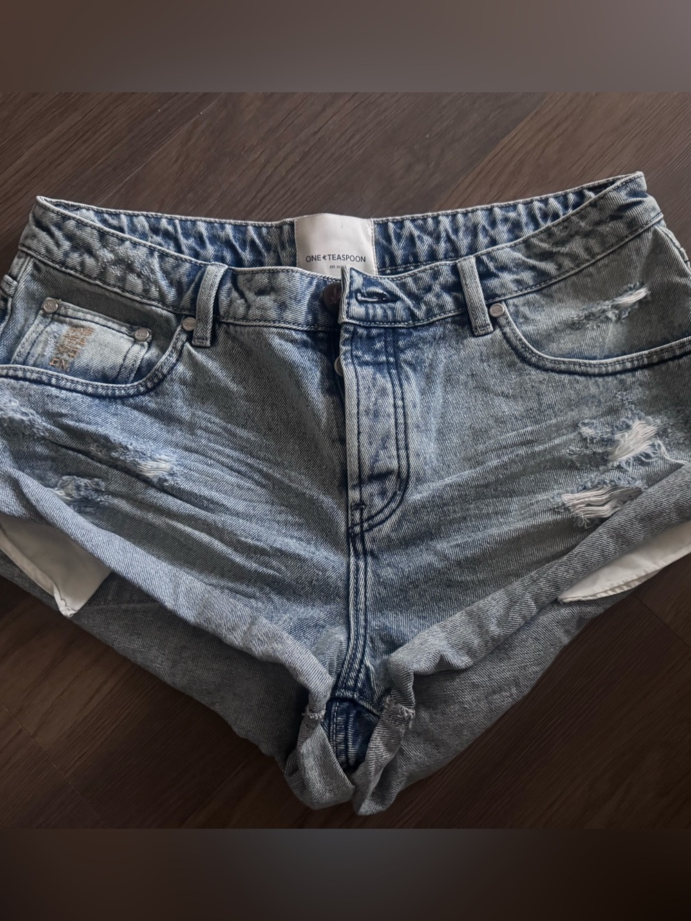 One Teaspoon Faded Light Blue Distressed Denim Shorts